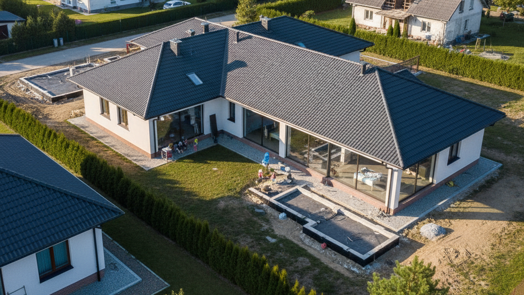 Obraz pokazujący osoby budujące taras