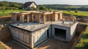 Obraz pokazujący budowę domu z piwnicą