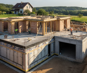 Obraz pokazujący budowę domu z piwnicą